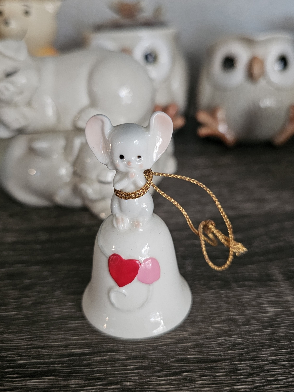 White Ceramic Mouse Bell Ornament with Pink and Red Hearts